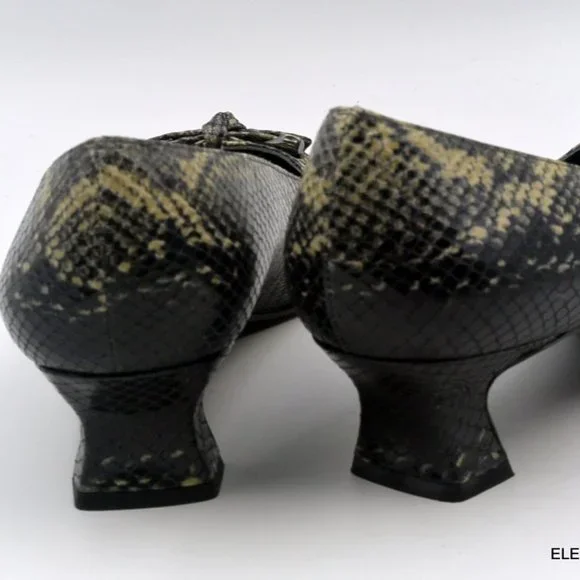 Stuart Weitzman Snakeskin Leather Pumps 7 M Black Tan Square Toe Kitten Heel - Picture 12 of 12